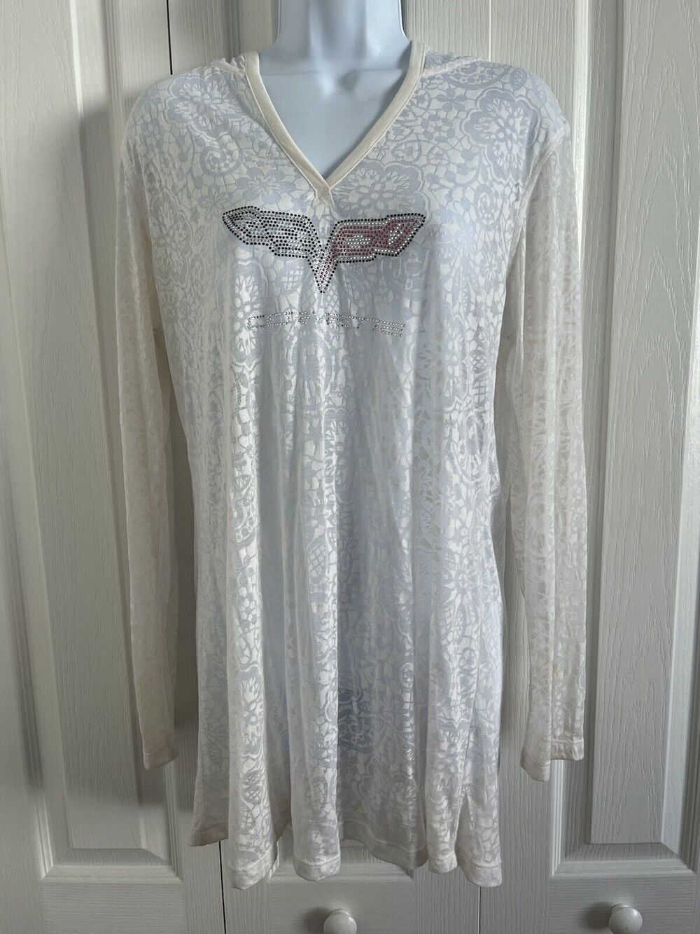 Corvette Pink & Silver Rhinestones white floral hooded Top L Cute Sexy Jr Toppy